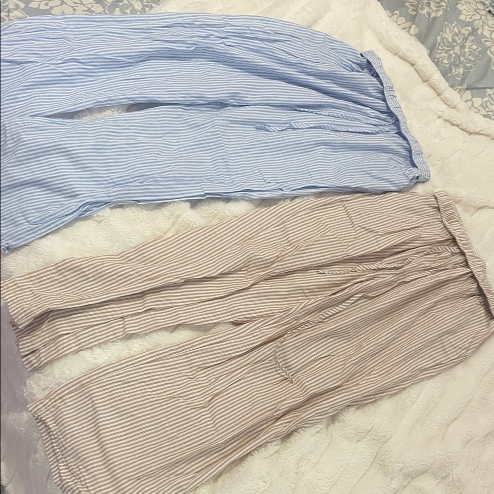 Brandy Melville Light Blue and Beige Striped Wide Leg Pants